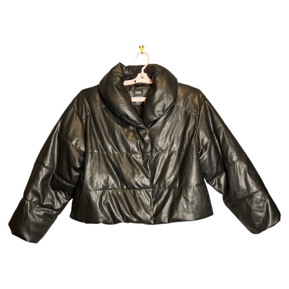 Zara Black Faux‎ Leather Winter Essential Puffer Jacket, Size XS